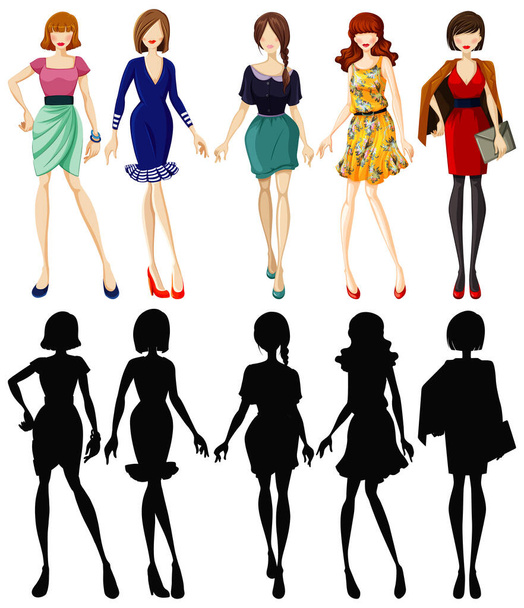 Set di signora alla moda con la sua illustrazione silhouette - Vettoriali, immagini