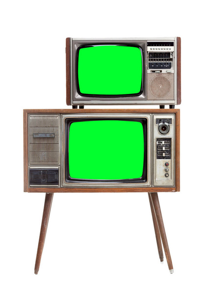 Vintage Retro Style televisão antiga com tela cortada, televisão antiga em fundo isolado. Televisão com tela verde
. - Foto, Imagem