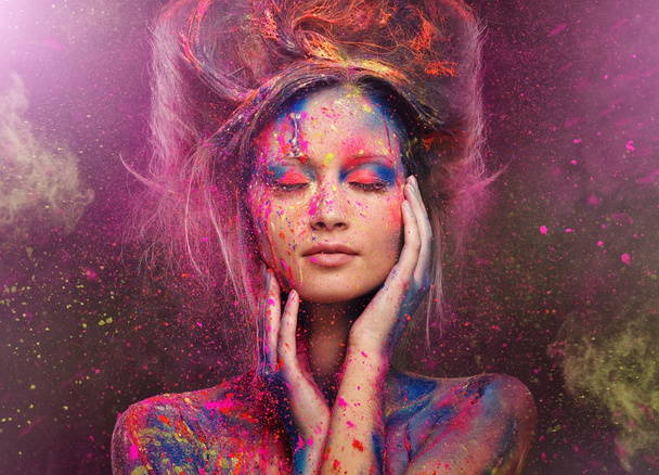 Young woman muse with creative body art and hairdo - Photo, Image
