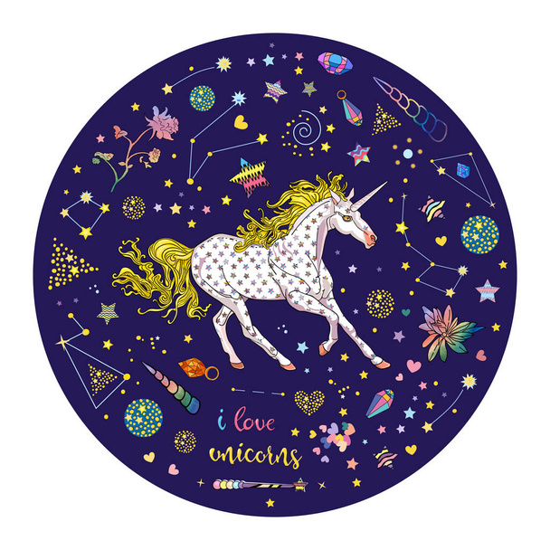 Beautiful illustration of magic starry unicorn inside circle with constellations, stars, crystals isolated on blue - Vektor, obrázek