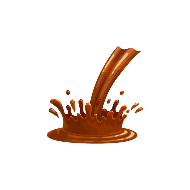 Chocolade gieten en spatten, vloeibare drop saus, vector geïsoleerde pictogram. Chocolade stroom van donkere cacao snoep room met wervelingen en giet splash druppels en druppels, cacao drinken en siroop smelten stroom - Vector, afbeelding