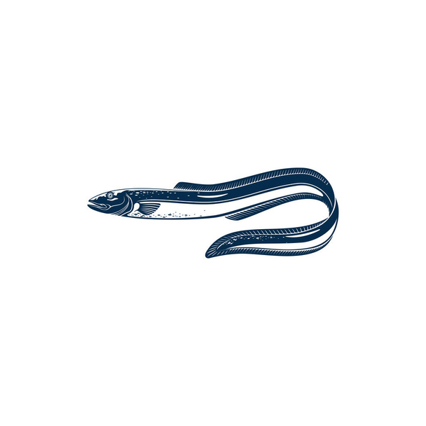 Anguilla a forma di pesce isolato icona monocromatica. Anguilla elettrica vettoriale, animale marino subacqueo. Knifefish Electrophorus electricus, pesci esotici abitano acqua dolce. Anguilla fresca cruda disegnata a mano - Vettoriali, immagini