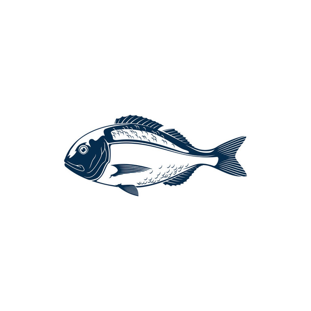 金網の頭鯛の分離スパルス・アウラータ塩水魚。地中海で発見された鯛科のオラタやドラダの魚。花、魚介類と水中動物のアイコン - ベクター画像