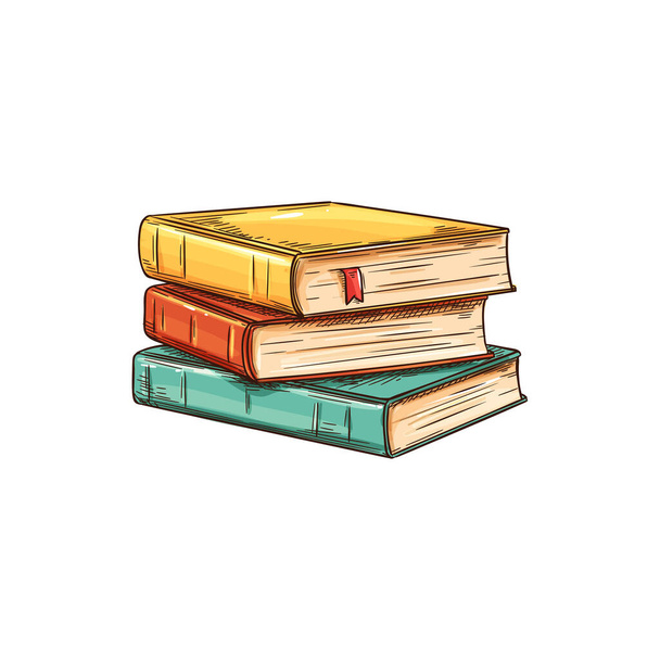 Stack of textbooks with bookworm isolated sketch. Vector pile of books, education and knowledge symbol. Studying, learning and reading literature, stacked color old vintage books in hardcover - Vector, Image