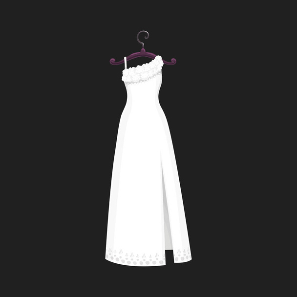 ウェディングドレスベクトル絶縁アイコン。ベクトル日付挨拶、婚約パーティー招待状や弓やレースと白いウェディングドレスモデルの花嫁のテーラーズサロンシンボルを保存します - ベクター画像