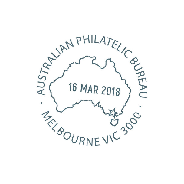 Ausztrál Filozófiai Iroda elszigetelt melbourne post stamp sablon. Vektoros nemzeti postai igazgatás, amely bélyeggyűjtőknek bélyegküldeményeket értékesít, Melbourne-i postai kerek felirat, térkép és dátum - Vektor, kép