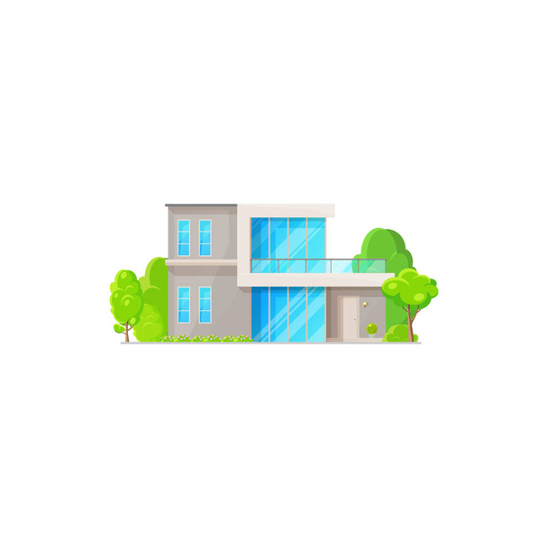 Chalet Landhaus, zeitgenössisches Gebäude Landhausarchitektur mit Bäumen isoliert Symbol. Vektorfassade des modernen Luxus-Innenhofs. Haus außen mit Balkon, Veranda, Panoramafenster und Garten - Vektor, Bild