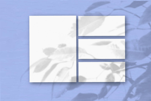 Diversi fogli orizzontali e verticali di carta bianca strutturata sullo sfondo di una parete blu. La luce naturale getta ombre da una pianta esotica. Posa piatta, vista dall'alto. Orientamento orizzontale - Foto, immagini