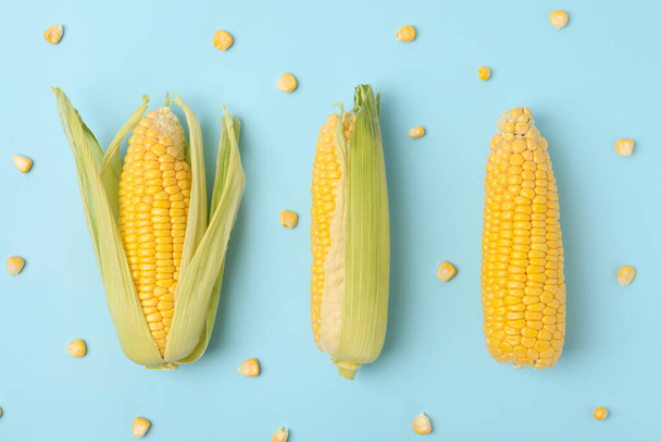 Flat lay with fresh corn on blue background, top view - Photo, Image