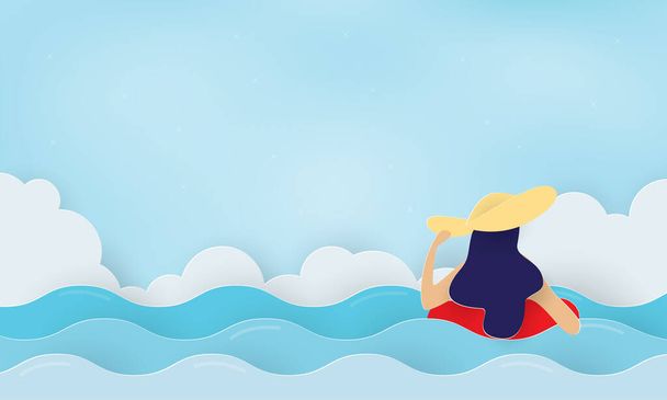 Frau entspannt sich auf aufblasbarem Ring im Meer, Urlaub - Vektor, Bild