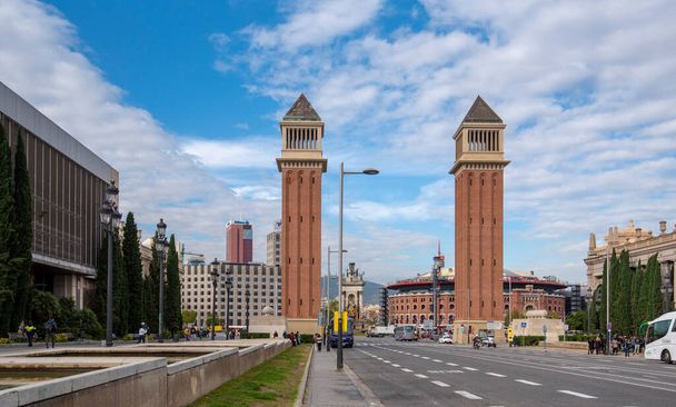 Barcelona, Spain - 15 June, 2019: Placa d'Espanya (Spain Square) and Torres Venecianes - view from Museu Nacional d'Art de Catalunya - Photo, image