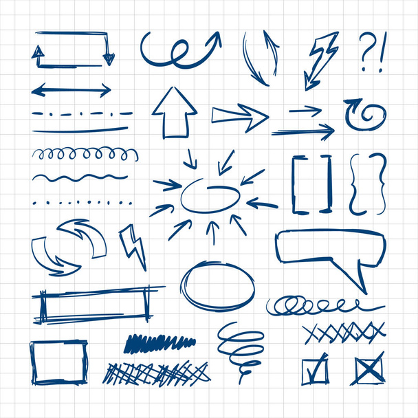 Handdrawn pen design sketch elements. Direct curved arrows lightning braces curly and simple graphic underlines conversational frames abstract swirl. Vector doodle style. - ベクター画像