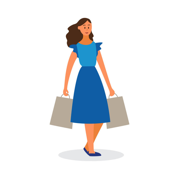 Girl or woman with shopping bags character flat vector illustration isolated. - Vektor, kép