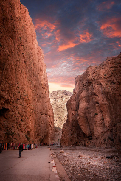 Todgha Gorge or Gorges du Toudra is a canyon in High Atlas Mountains near the town of Tinerhir, Morocco . A series of limestone river canyons, or wadi and neighbor of Dades Rivers at sunset - Photo, Image