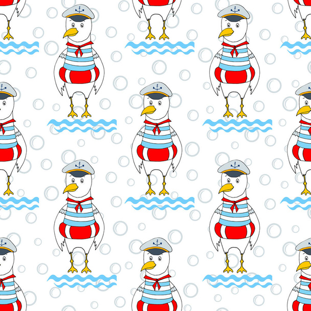 Seamless funny seagull in red circle. Print for fabric, paper and background. - Vector, Image