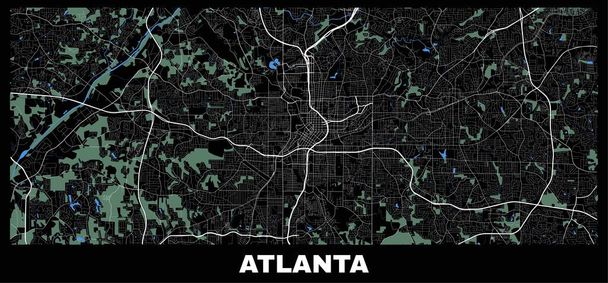 Mapa Atlanty. Wektorowa mapa obszaru Atlanty. Plakat z ulicy, wody i lasów na czarnym tle. - Wektor, obraz