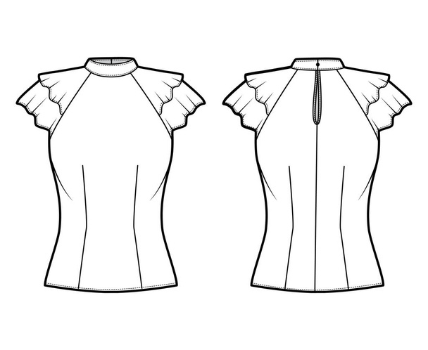 Блузка техническая мода иллюстрация с высоким вырезом полосатый воротник, трепещущие оборки короткие рукава, оснащенный корпус.  - Вектор,изображение