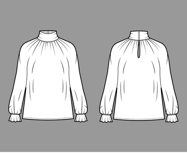Blusa cuello alto técnica moda ilustración con mangas largas, volantes volantes puños, cuerpo de gran tamaño
.  - Vector, Imagen