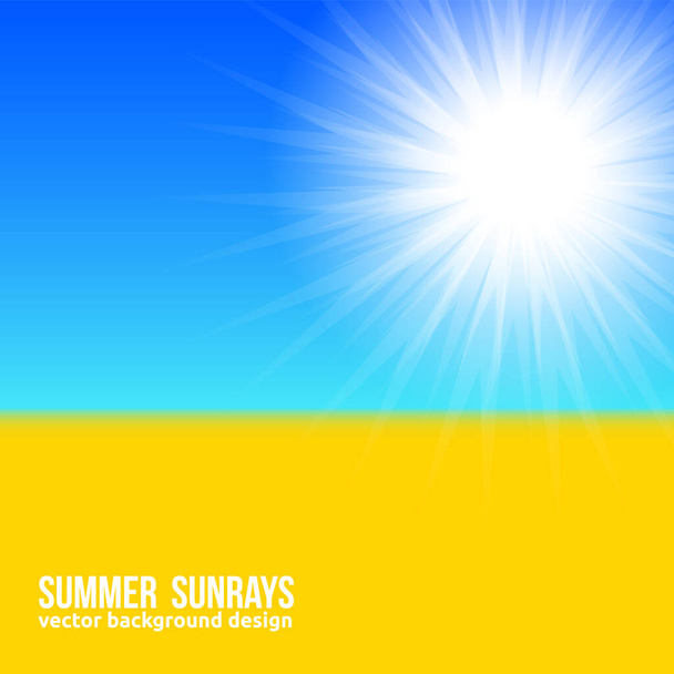 Blurred yellow field and blue sky with summer sunburst background in Ukrainians flag style. Vector sunbeams banner Bright poster, sun rays, sky and beach - Vector, Image