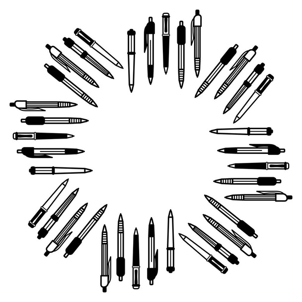 Material de escritório, canetas e lápis. Desenho em círculo, mandala. Espaço para SMS. Conceitos empresariais e de formação. Ilustração vetorial
 - Vetor, Imagem
