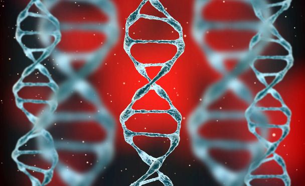 3D-Darstellung eines medizinischen Hintergrunds mit DNA-Strängen im farbigen Hintergrund. DNA-Molekülstruktur. Schraubenförmige Struktur des dna-Strangs Nahaufnahme. - Foto, Bild