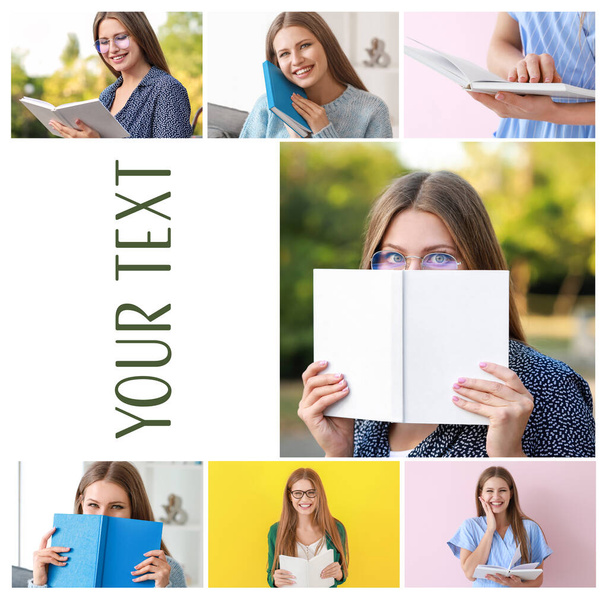 Collage van foto 's met mooie jonge vrouw die boeken leest - Foto, afbeelding