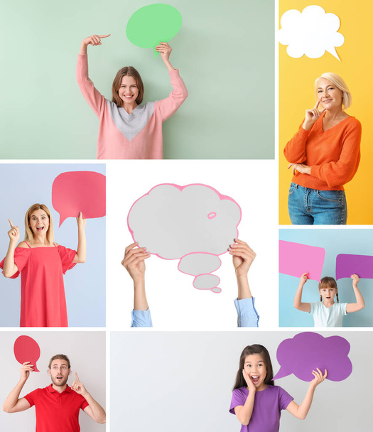 Collage de fotos con diferentes personas y burbujas de habla en blanco
  - Foto, imagen