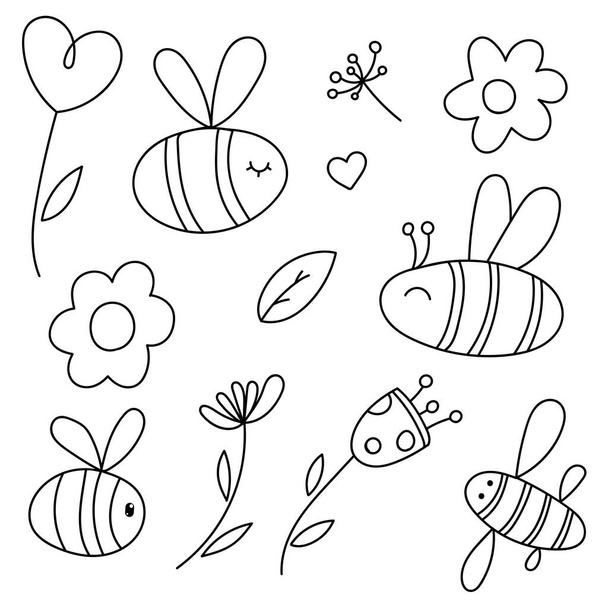 striped bees with wings, insect, flowers, hearts, kids doodle vector illustration, set of elements, coloring book - Vector, Image