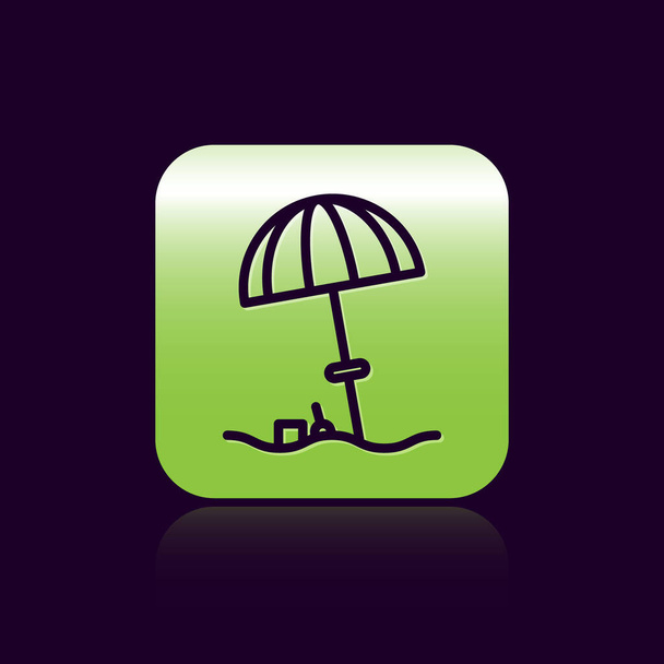 Siyah arka planda izole edilmiş plaj ikonu için siyah çizgi güneş koruyucu şemsiye. Açık alan için büyük bir şemsiye. Plaj şemsiyesi Yeşil kare düğmesi. Vektör İllüstrasyonu. - Vektör, Görsel