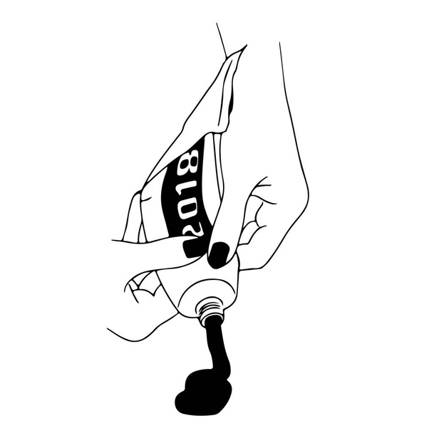 обрезанное изображение женщины, выдавливающей черную жидкость из трубки с табличкой 2018 года, изолированной на белом
 - Вектор,изображение