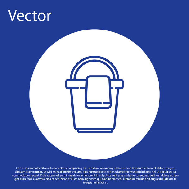 Blue line Bucket with rag icon isolated on blue background. Cleaning service concept. White circle button. Vector Illustration. - Vector, Image