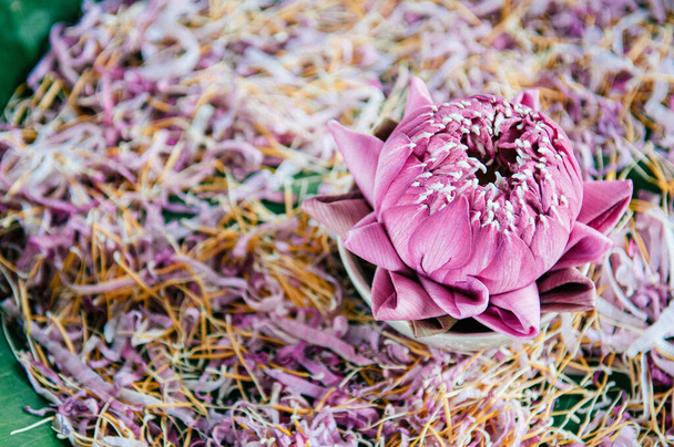 Lotus stamen or lotus pollen tea. Thai Asian herbal flower tea before drying process - Photo, Image