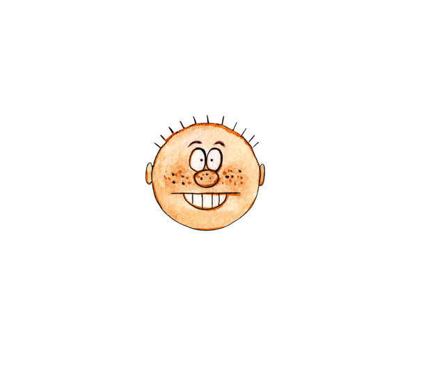 Hand drawn watercolor illustration of simple cartoon face with freckles. Funny weird face sketch. Facial expression. Smiling boy with big teeth and strange haircut - Photo, Image