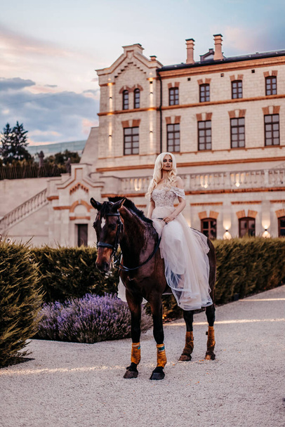 Красивая женщина с лошадью возле замка
 - Фото, изображение