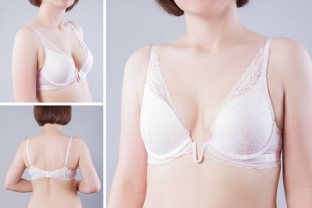 Woman in pink push up bra on gray background, perfect female breast, collage of several photos - Foto, imagen
