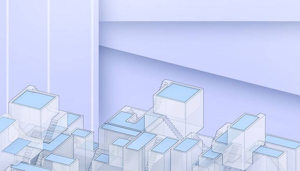 Creatief idee Abstract Architectonisch Geometrische doos willekeurig vierkant op blauwe achtergrond en Minimal Concepts - 3d Rendering - Foto, afbeelding
