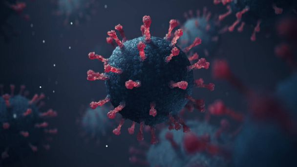 Fotorealistyczny mikroskopijny widok z bliska na komórkę grypy Coronavirus COVID-19 na abstrakcyjnym tle. Ilustracja 3D - Zdjęcie, obraz