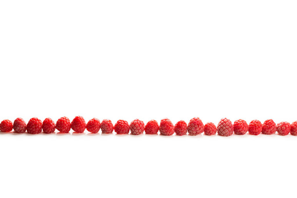 Raspberries in a row isolated on white background. - Photo, Image