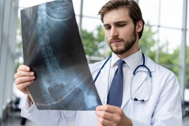 hospital doctor holding patients x-ray film, radiologist studying x-ray results. - Photo, Image
