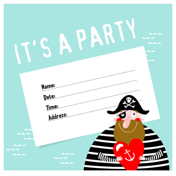Print. Invitational to a pirate party. Birthday. Cartoon funny pirate. - Vector, Image