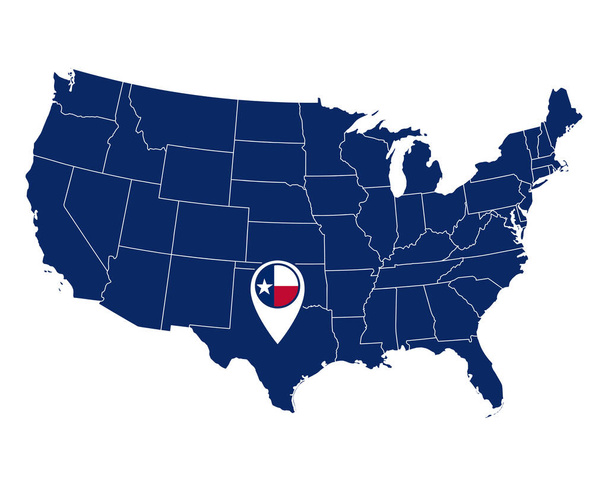 Bandera de Texas en el pin de ubicación y el mapa de Estados Unidos
 - Vector, imagen