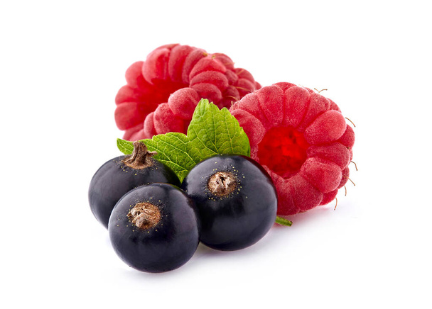 Black currant berries with raspberries on White Background. Ripe berries isolated. - Fotó, kép
