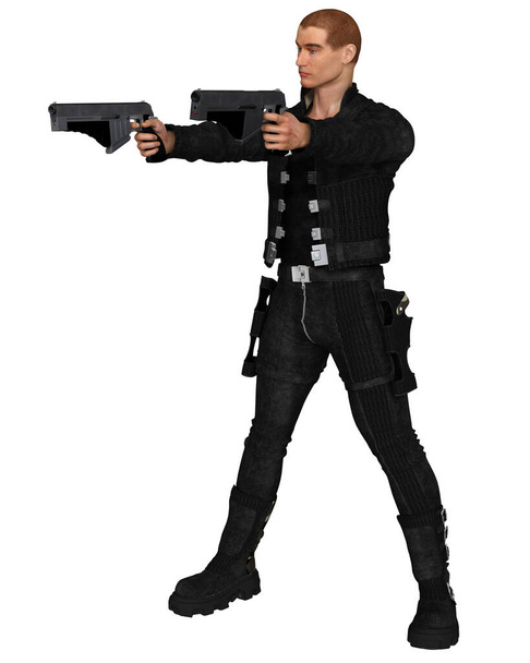 Illustration of a futuristic male soldier of fortune with two guns, 3d digitally rendered illustration - 写真・画像