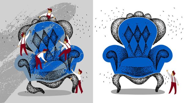 Restaurierung von alten Möbeln. Antiquitäten vor und nach der Reparatur. Vintage blauer Sessel neu lackiert. Handgemachte Illustration. Menschen reparieren. Reparaturteam. - Vektor, Bild