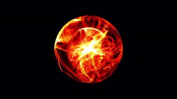 Abstrakte digitale futuristische brennende Kugel mit glühenden Flammen. Energiewellen und funkelnde Feuerwerkskugel, 4K 3D nahtlose Schleife in schwarz mit Alphakanal isoliert. - Filmmaterial, Video