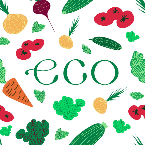 Vector seamless colorful pattern with tasty eco friendly vegetables and salad. Healthy food and lifestyle design. Perfect for packages, decorations, logos, wrapping paper, kitchen supplies, surfaces - Vector, Image