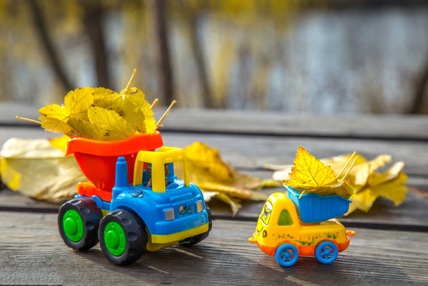 Δύο μικρά παιχνίδια φορτηγό είναι φορτωμένο με κίτρινα πεσμένα φύλλα. - Φωτογραφία, εικόνα