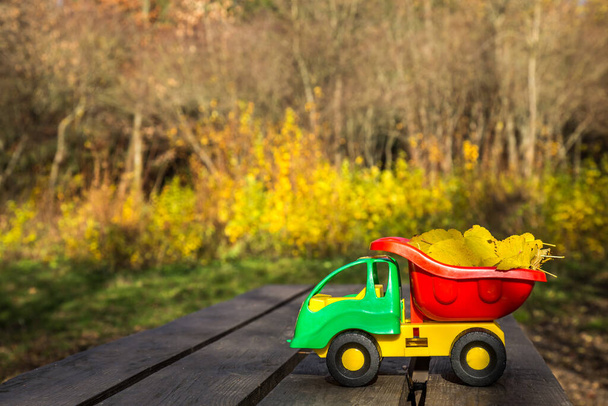 Mały zabawkowy samochodzik stoi na drewnianej powierzchni na tle rozmytego jesiennego parku. - Zdjęcie, obraz
