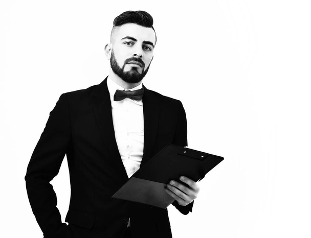 Stylish presenter with beard and fashionable hairdo in classic suit - Valokuva, kuva