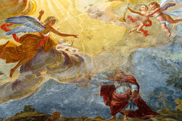 Gorgonzola, Μιλάνο, Λομβαρδία, Ιταλία: ζωγραφική στην πρόσοψη των αγίων Gervaso και Protaso εκκλησία - Φωτογραφία, εικόνα